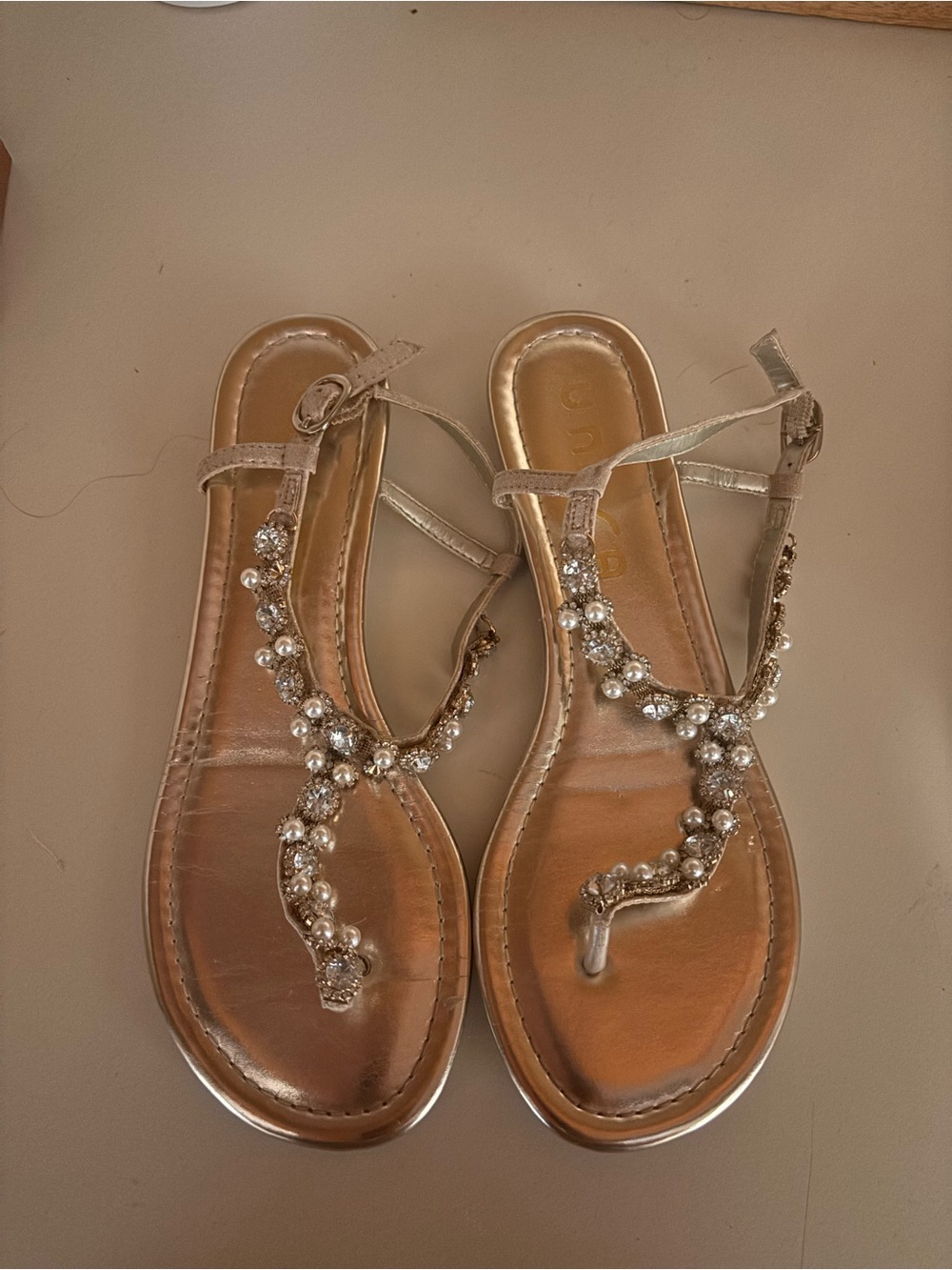 Unisa Champagne Beaded T-Strap Sandals